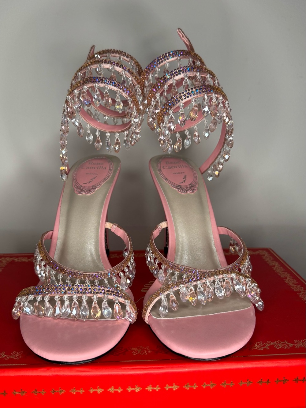 Rene Caovilla Pink Crystal Drop Spiral Ankle Stilettos - Picture 6 of 7